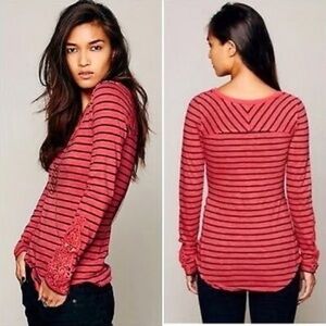 Free People Hard Candy Shirt Medium Red Striped Crochet Cuff Scoop Neck Top
